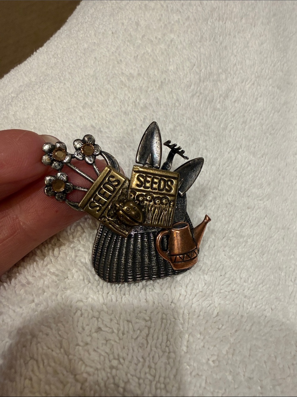 Gardening Cat Brooch Pin in Metallic Silver, Gold and Copper Tones